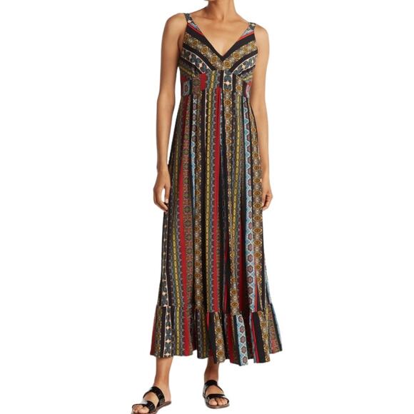 Tahari Tile Stripe Maxi Dress Small Boho Festival Stretch Jersey Black Multi - Picture 1 of 7